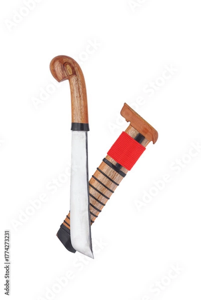 Fototapeta wooden machete and sheath, knife and machete cutting tools with satin and mirror blade materials