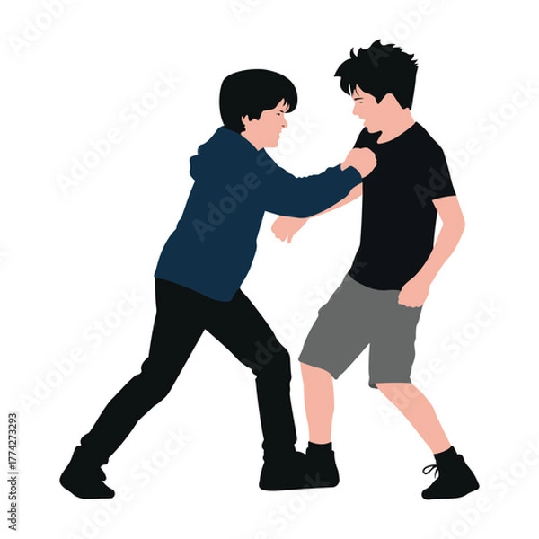 Obraz Two boys fighting vector illustration in color, energetic and dynamic scene showing strength and conflict, on white background.