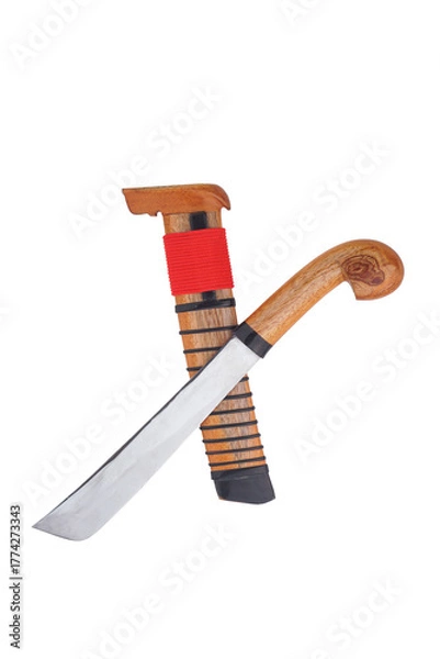 Fototapeta wooden machete and sheath, knife and machete cutting tools with satin and mirror blade materials