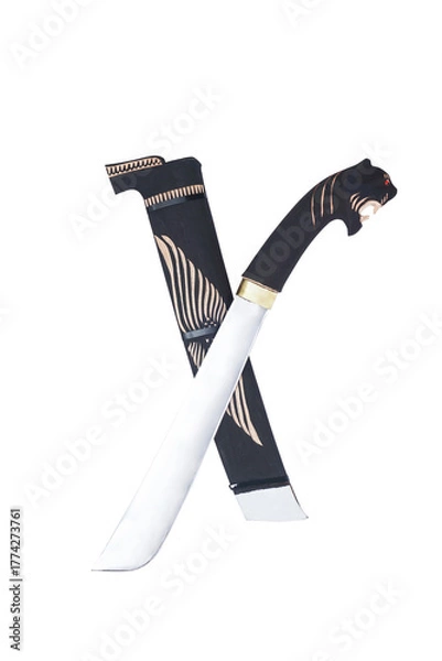 Fototapeta wooden machete and sheath, knife and machete cutting tools with satin and mirror blade materials