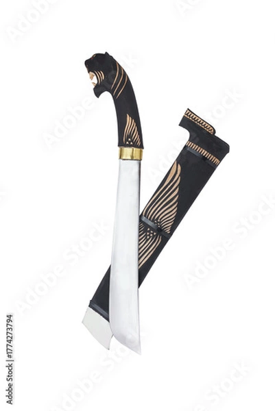 Fototapeta wooden machete and sheath, knife and machete cutting tools with satin and mirror blade materials