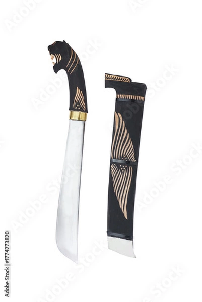 Fototapeta wooden machete and sheath, knife and machete cutting tools with satin and mirror blade materials