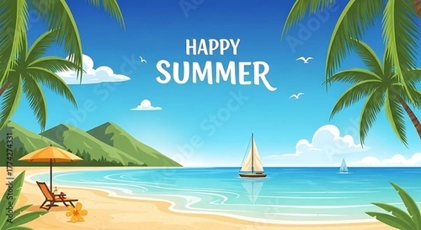 Obraz Tropical Beach Paradise - Summer Vacation Getaway with Palm Trees and Sailboat.