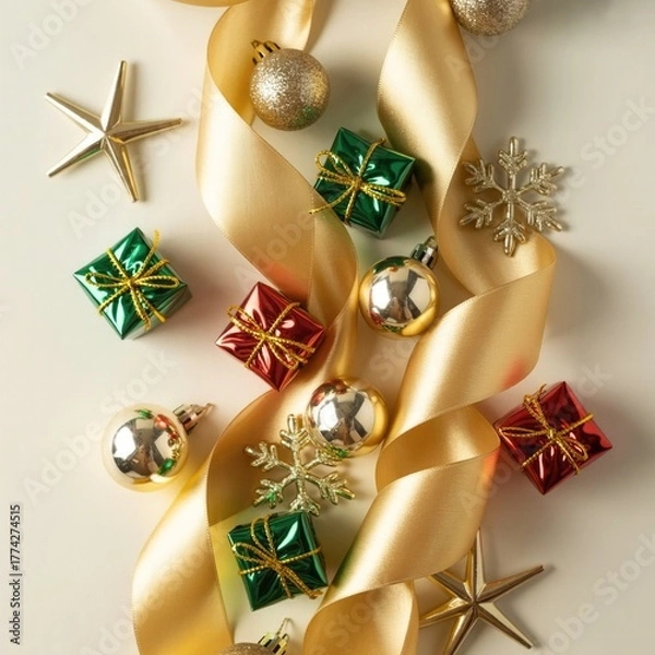 Obraz "Elegant Christmas Decorations with Golden Ribbon, Mini Gifts, and Ornaments – Festive Holiday Flat Lay Design"
