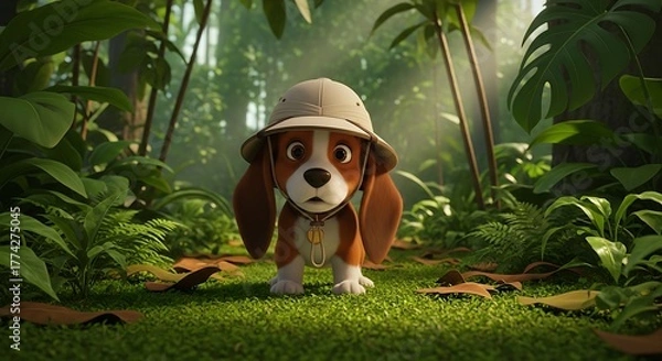 Obraz Adventurous Beagle Puppy Exploring Lush Jungle in Safari Outfit.