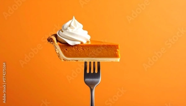 Fototapeta A Slice of Pumpkin Pie on a Fork with Whipped Cream.