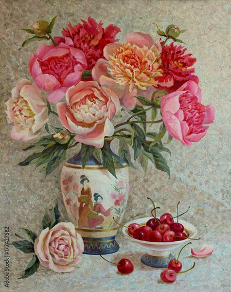 Obraz A bouquet of red, white, pink peonies in a vase with figures of a geisha and a cup of ripe cherries is a still-life painted by artist Natali Kanashova