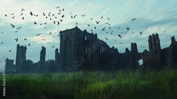 Obraz Dilapidated stone fortress with soaring birds under cloudy sky