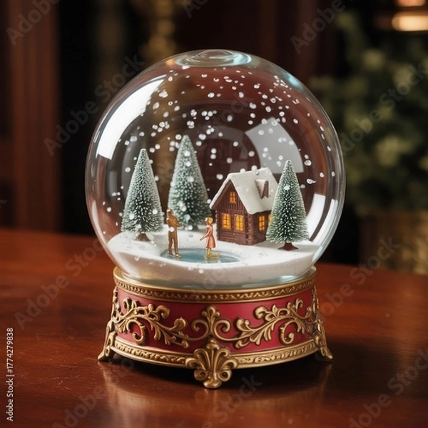 Obraz "Magical Winter Snow Globe with Cabin and Pine Trees – Elegant Christmas Decoration Gift"