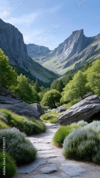 Fototapeta Stone Pathway Through a Sunlit Mountain Valley With Lush Green Trees and Rocky Outcrops Under a Clear Blue Sky