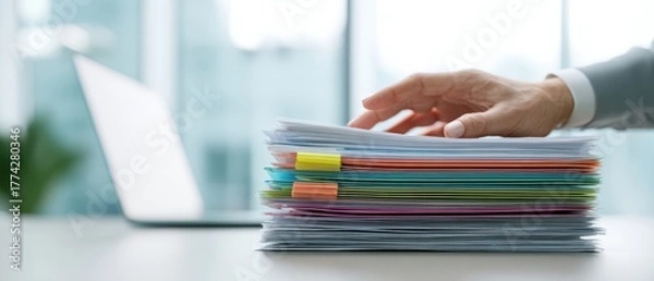 Fototapeta The stack of colorful documents on a modern office desk with hand reaching