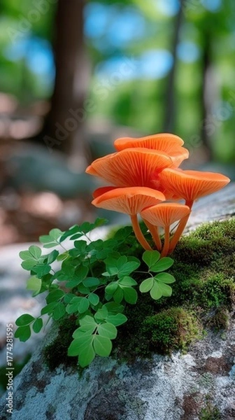 Obraz Vibrant Orange Mushrooms Cluster Grow on Moss Covered Rock Amidst Green Ferns in Sun Dappled Forest