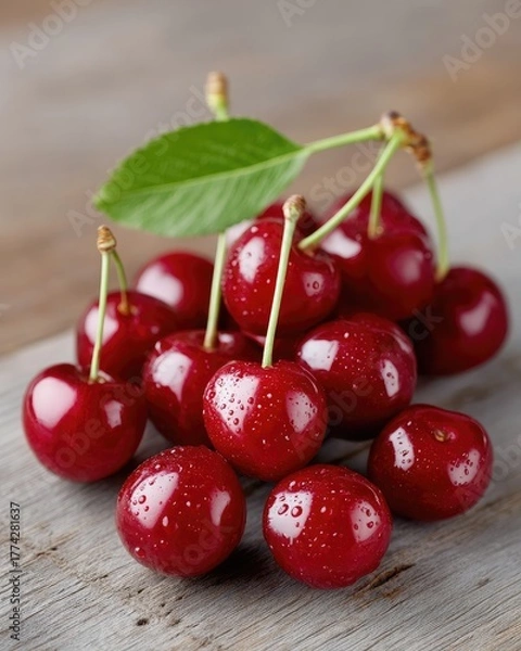 Fototapeta Vibrant Red Cherries With Water Droplets Clustered On A Textured Rustic Wooden Surface In Natural Daylight