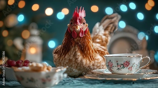 Obraz Stuffed hen in a whimsical tea party setting on blue lights background