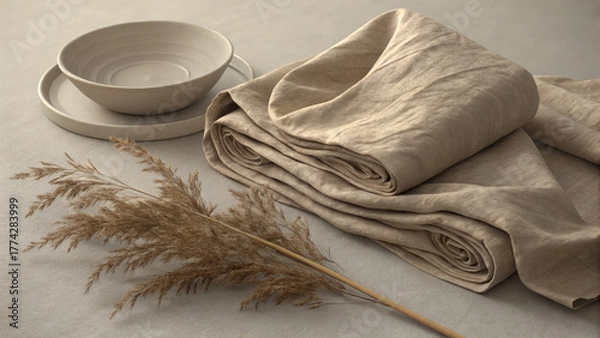 Fototapeta folded linen fabric in dusty beige tones