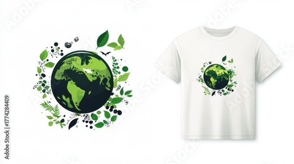 Obraz T-shirt design promoting environmental awareness with a green Earth and nature elements,  isolated on a white background