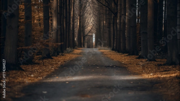 Fototapeta a narrow forest path completely covered with fallen leaves