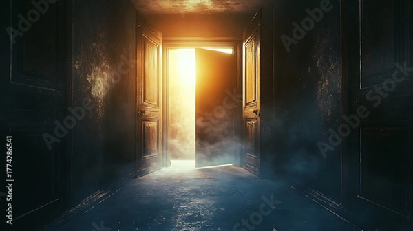 Obraz Doorway illuminating dark hallway