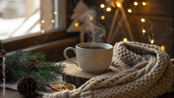 Obraz A steaming cup of tea rests on a wooden slice next to a knitted scarf with warm glowing lights in a cozy indoor setting
