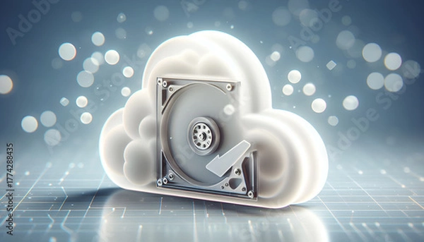 Obraz Cloud to Hardware Data Transition: Frosted Glassmorphism Icon of a Fluffy Cloud Morphing into a Solid State Drive