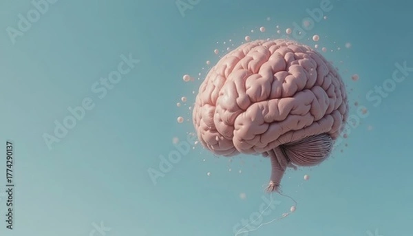 Fototapeta A surreal photo of a realistic brain-shaped balloon floating in a clear blue sky, symbolizing creativity, imagination, and the power of free thinking