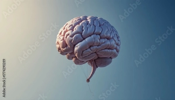 Fototapeta A surreal photo of a realistic brain-shaped balloon floating in a clear blue sky, symbolizing creativity, imagination, and the power of free thinking