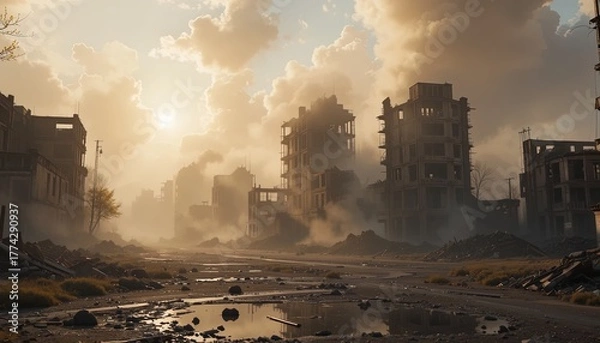 Fototapeta Eerie abandoned city landscape with dramatic sky and light creating a sense of desolation and mystery, perfect for dystopian or post-apocalyptic themes