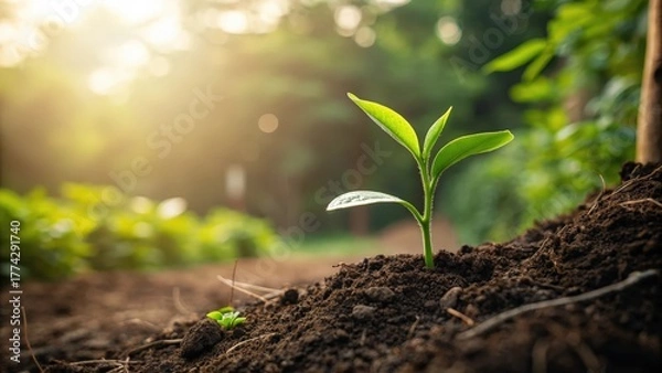Fototapeta Close up of a young green plant sprouting from the soil under soft morning light