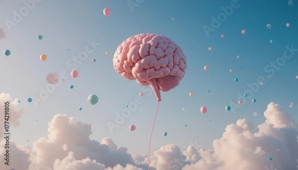 Fototapeta A surreal photo of a realistic brain-shaped balloon floating in a clear blue sky, symbolizing creativity, imagination, and the power of free thinking