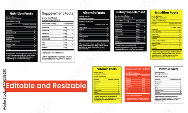 Fototapeta Nutrition Facts and Vitamin Facts Template – Supplement Label Design Vector, Editable EPS Format for Food Packaging, Dietary Supplements, and Product Information Layouts