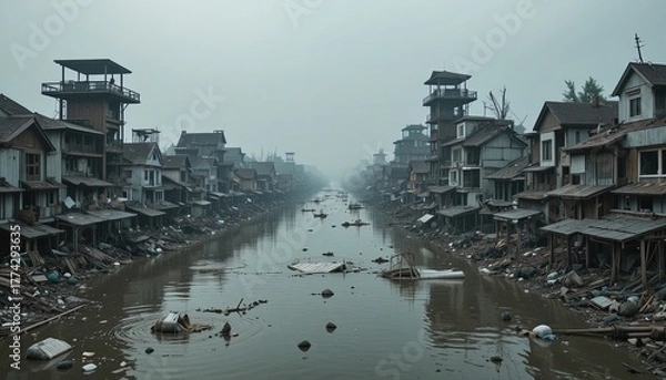 Fototapeta Misty waterfront village with unique architecture and tranquil water views, perfect for travel blogs, historical fiction, and cultural explorations