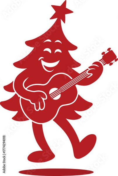 Fototapeta cartoon Christmas tree .Christmas tree playing guitar vector art and illustration.
