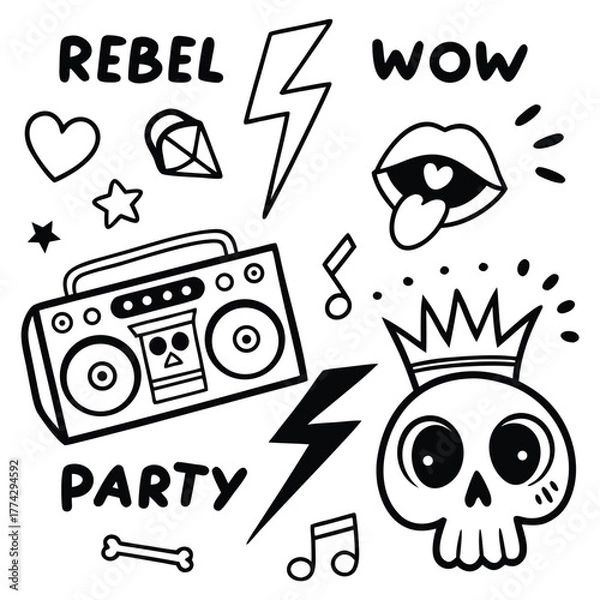 Fototapeta Doodle Art Collection of Rebel and Party Icons illustration