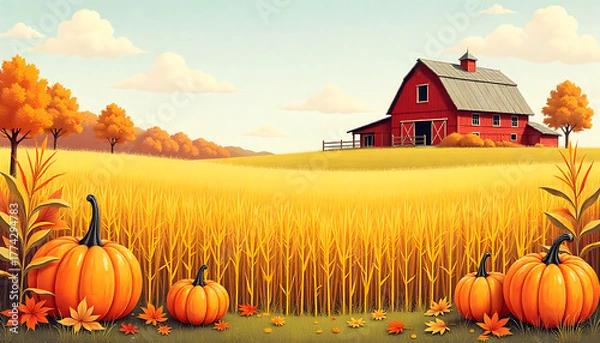Obraz A cartoon image showing pumpkins in a field with a red barn in the background 4k and hd image