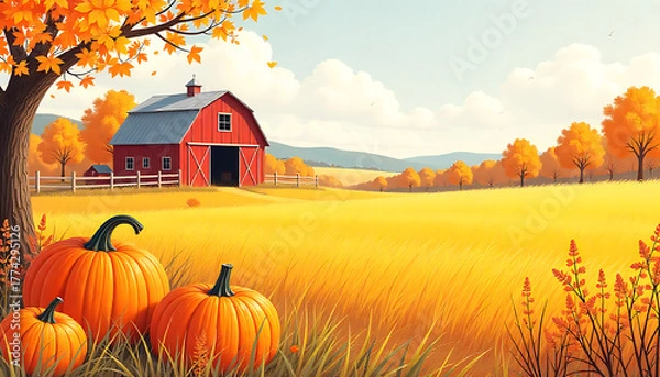 Obraz Autumn landscape with pumpkins, a red barn, and trees with orange and yellow leaves 4k and hd image