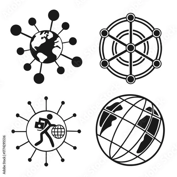Fototapeta Four black and white graphic icons of global connection and travel