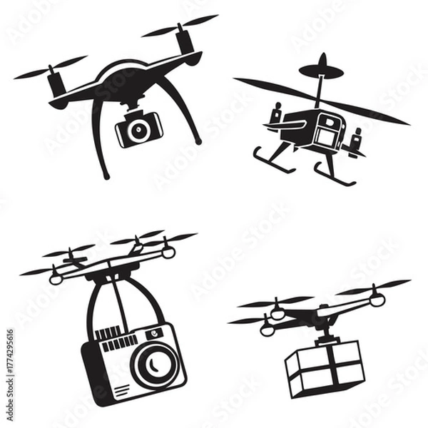 Fototapeta Four drone illustrations with camera and package quadcopter