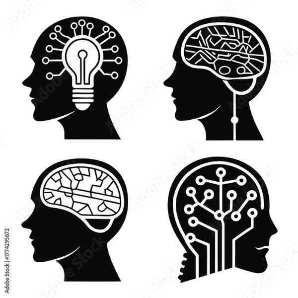 Fototapeta Four black silhouette heads with internal brain circuits
