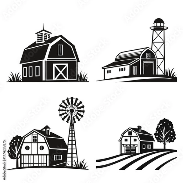 Fototapeta Black and white farm buildings and windmill icons barn