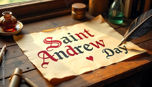 Obraz Saint andrew day message written on parchment with quill and ink on wooden table 4k and hd image