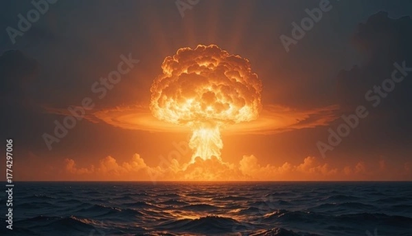 Fototapeta Powerful atomic explosion over tranquil ocean with stunning orange glow against the dark sky, conveying a sense of dramatic intensity and unsettling beauty