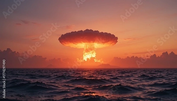 Fototapeta Dramatic seascape with fiery sunset and ominous mushroom cloud over calm ocean, a powerful visual metaphor for global issues and environmental impact