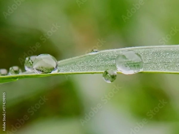 Fototapeta aesthetic dew drops on the surface of grass leaves in the morning