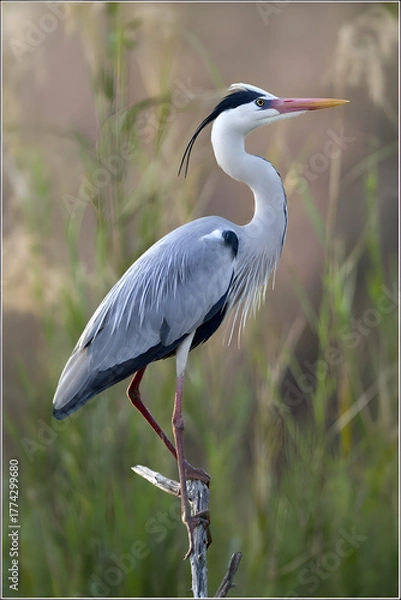 Obraz Elegant Grey Heron Perched Amidst Reeds