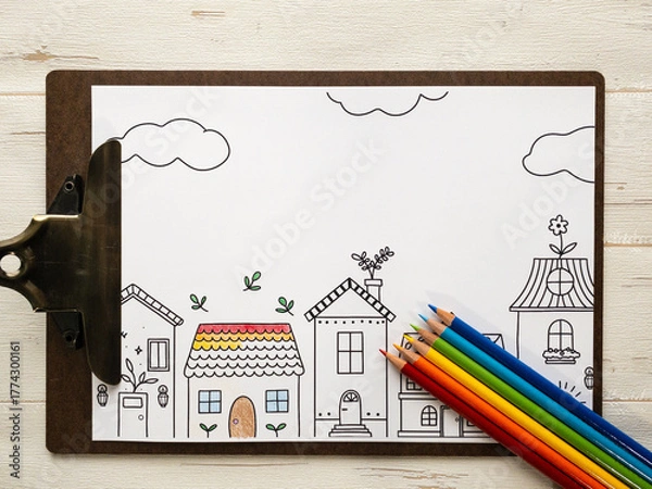 Obraz 街並みの塗り絵と色鉛筆