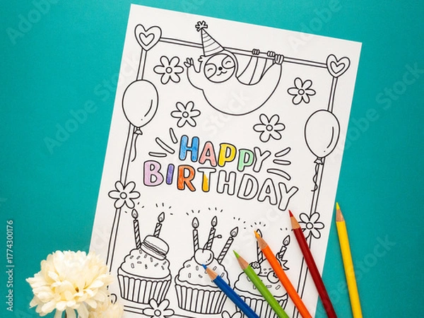 Obraz お誕生日塗り絵と色鉛筆