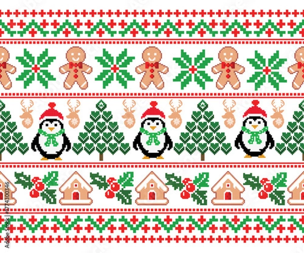 Fototapeta Christmas pattern in geometric shapes, seamless horizontal, designed for background, decoration, fabric, clothing.