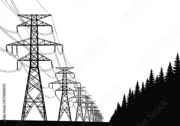 Fototapeta Silhouetted transmission towers and substation with power lines crossing forest landscape, illustrating high-voltage electricity infrastructure and energy grid