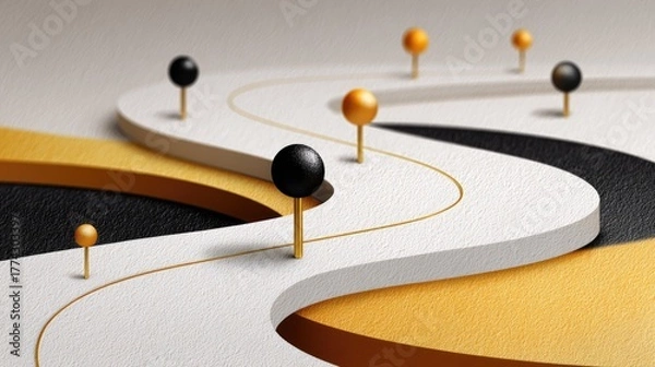 Fototapeta Minimalist abstract roadmap with curved pathways and shiny gold and matte black pins highlighting progress points