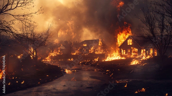 Obraz Dramatic night scene structures consume by flames and intense fire